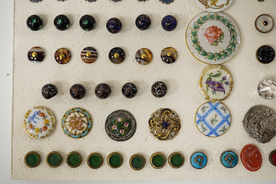 A collection of early 20th century buttons, including agate, ceramic and enamel, largest 43mm. Condition - good